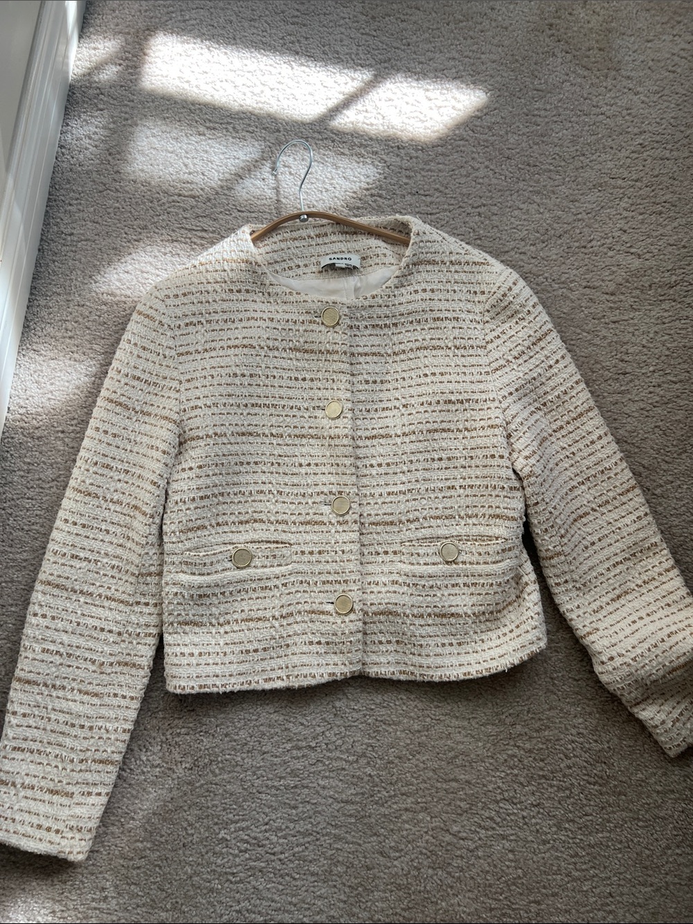 Sandro cream Tweed Cropped Jacket with Gold Buttons